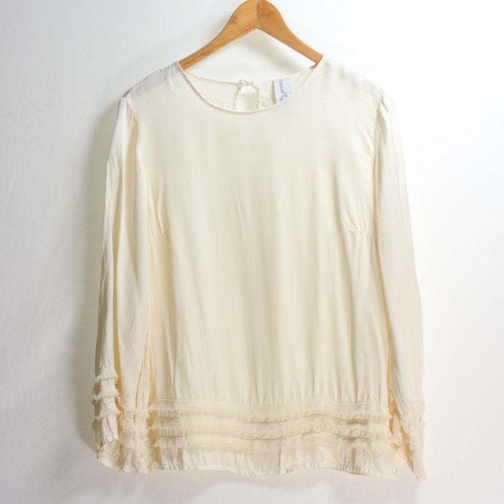 Bognar Blu Long Sleeve Blouse Cream Raw Edge Tiered Trim Medium